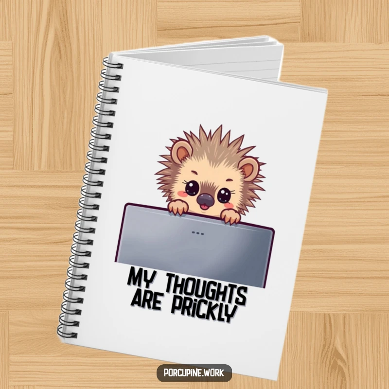 Funny notebook showcasing a porcupine peeking over a monitor, perfect for capturing notes with a touch of humor and curiosity.