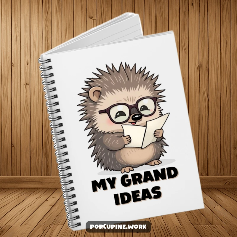 Funny notebook with a porcupine wearing glasses reading a tiny document, ideal for note-taking with intellectual humor.