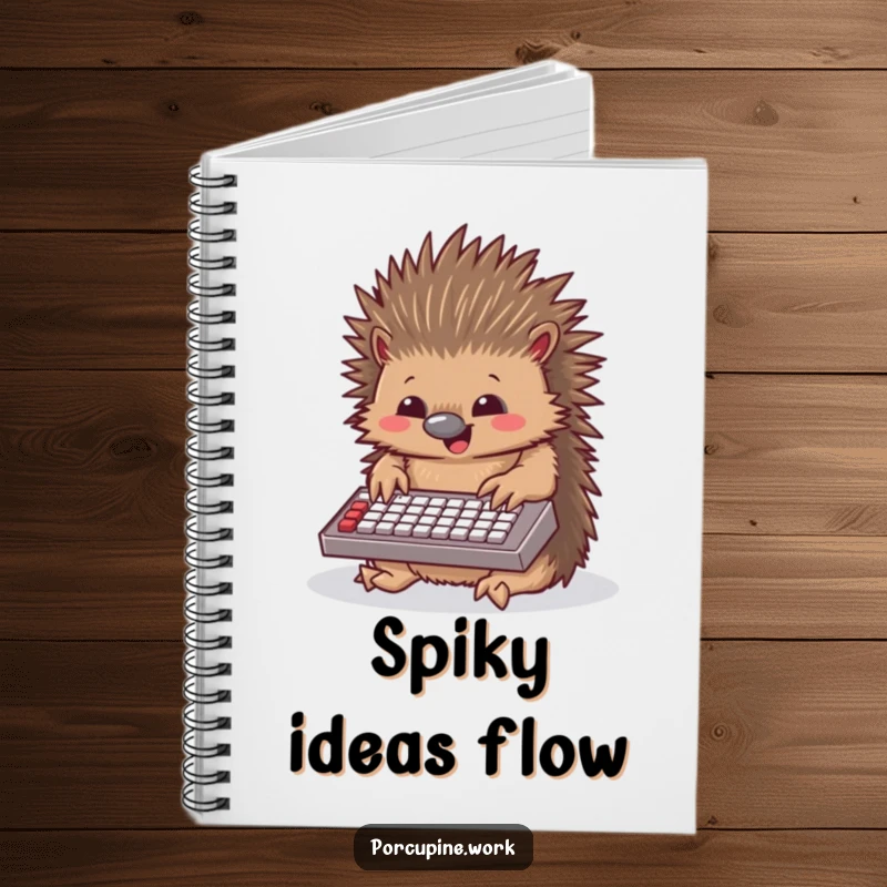Funny porcupine notebook with a porcupine happily typing on a miniature keyboard, ready to record your thoughts and brilliant ideas.