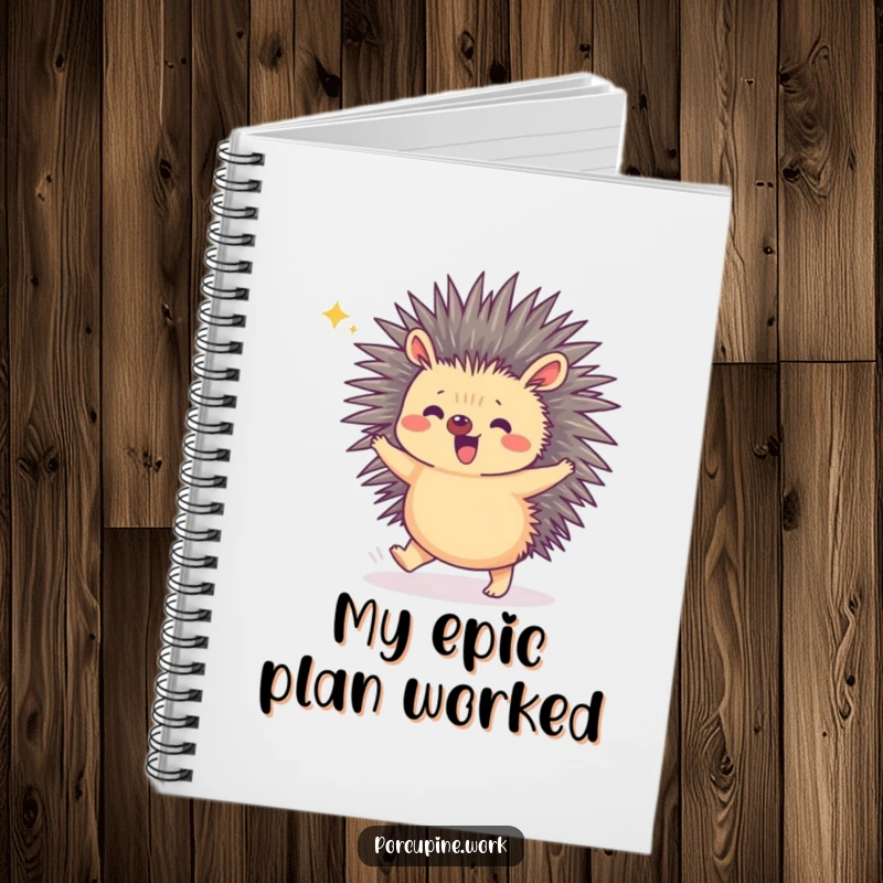 Funny notebook with a porcupine doing a tiny hop in celebration, ideal for jotting down achievements with cheerful humor.