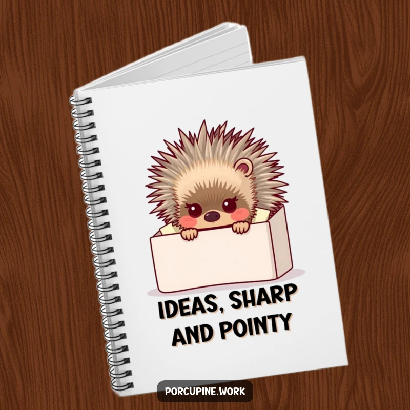 Funny porcupine hiding behind an overflowing inbox, ready to jot down notes, a hilarious notebook for work or school.