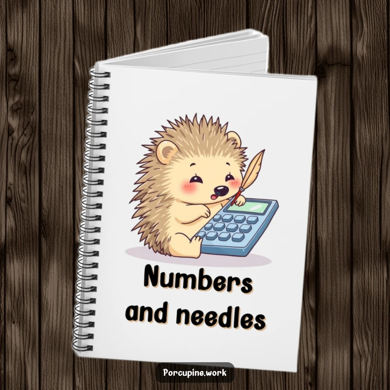 Funny porcupine tapping on a calculator with a quill, a humorous notebook for organizing numbers and ideas.