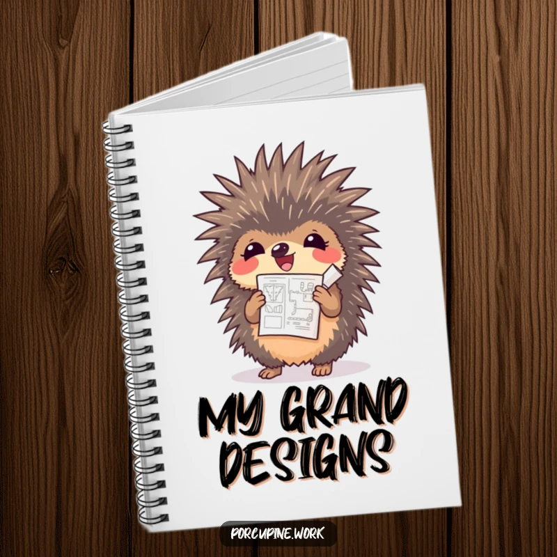 Funny porcupine cheering while holding a rolled-up blueprint, a humorous notebook for planning and design ideas.