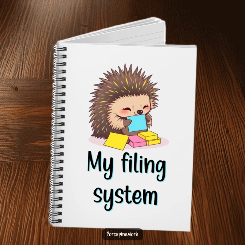 Funny Notebook with a porcupine using its quills to organize sticky notes, designed for humorous and organized note-taking.