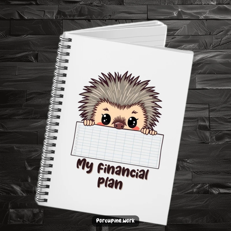 Funny Notebook with a porcupine peering over a spreadsheet with focused eyes, designed for humorous and analytical note-taking.