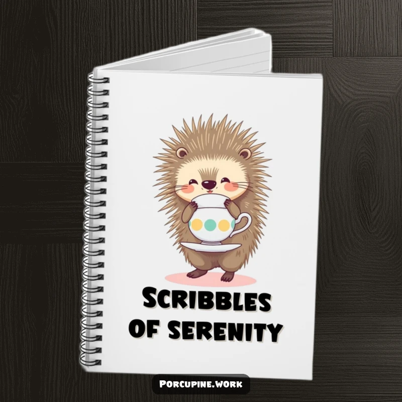 Funny Notebook with a smiling porcupine balancing a teacup on its quills, designed for humorous and elegant note-taking.
