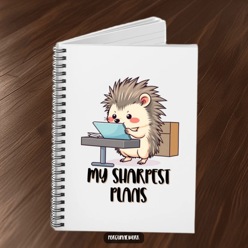 Funny Notebook featuring a porcupine sliding a file folder, symbolizing organized note-taking and task management.