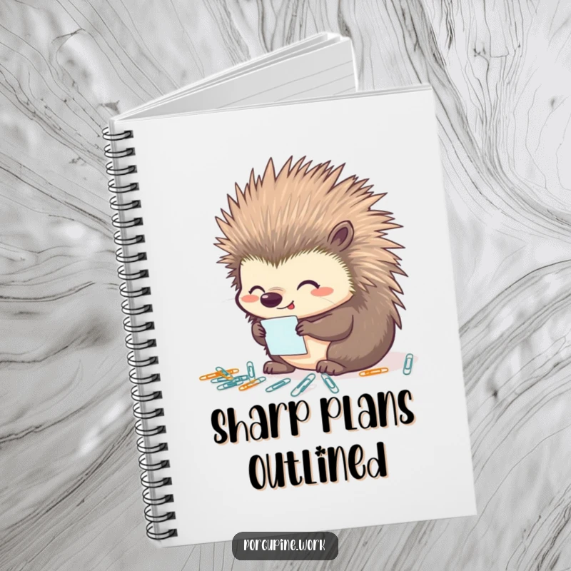 Funny porcupine organizer notebook with a porcupine looking pleased while organizing tiny paperclips, ideal for jotting down organized thoughts and plans.
