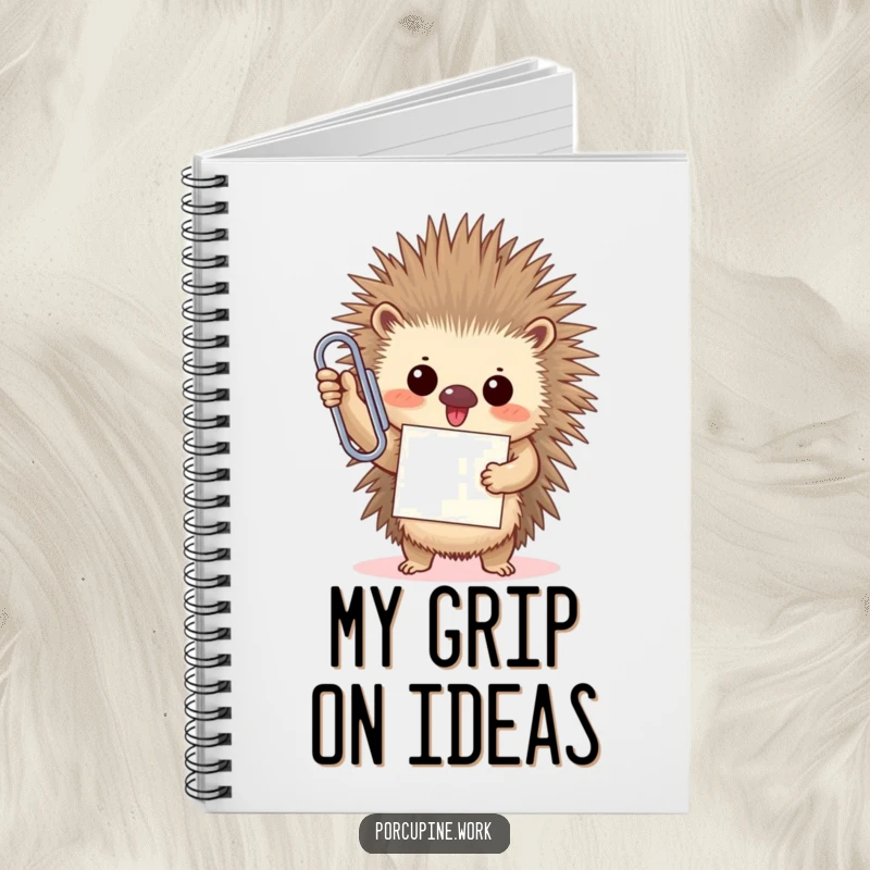 Funny porcupine triumphantly holds an oversized paperclip with a proud smile, ideal for note-taking on this humorous notebook.