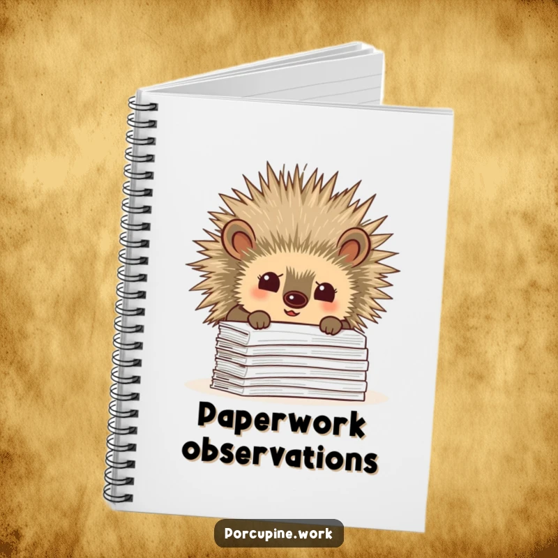 Funny notebook with a porcupine curiously peeking over a stack of paperwork, designed for jotting notes with a humorous, investigative theme.
