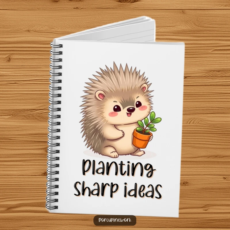 Funny Notebook: A porcupine offers a miniature potted plant with a gentle smile, ideal for writing and creative planning.