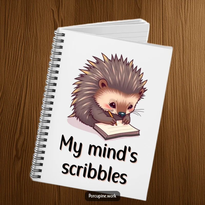 Funny notebook with a porcupine diligently writing notes on a tiny notepad, inspiring note-taking and journaling with humorous charm.