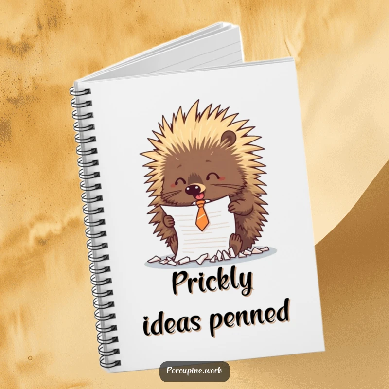 Funny porcupine in a small tie playfully shredding a document, ideal for note-taking on this humorous notebook.