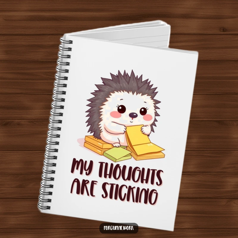Funny notebook with a happy porcupine sorting colorful sticky notes.
