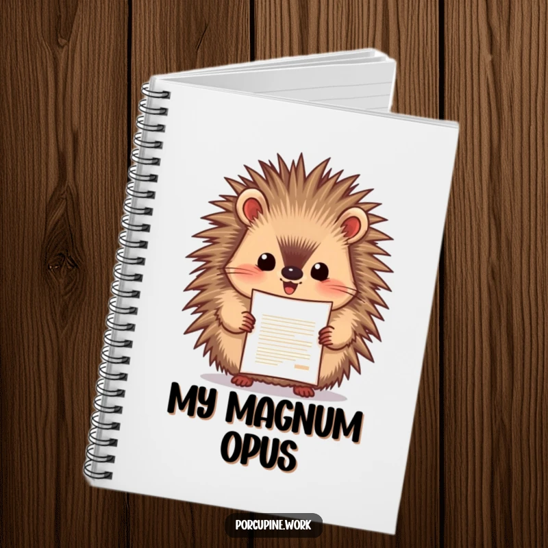 Funny porcupine enthusiastically presenting a document with pride, lined notebook for recording achievements, great funny gift.