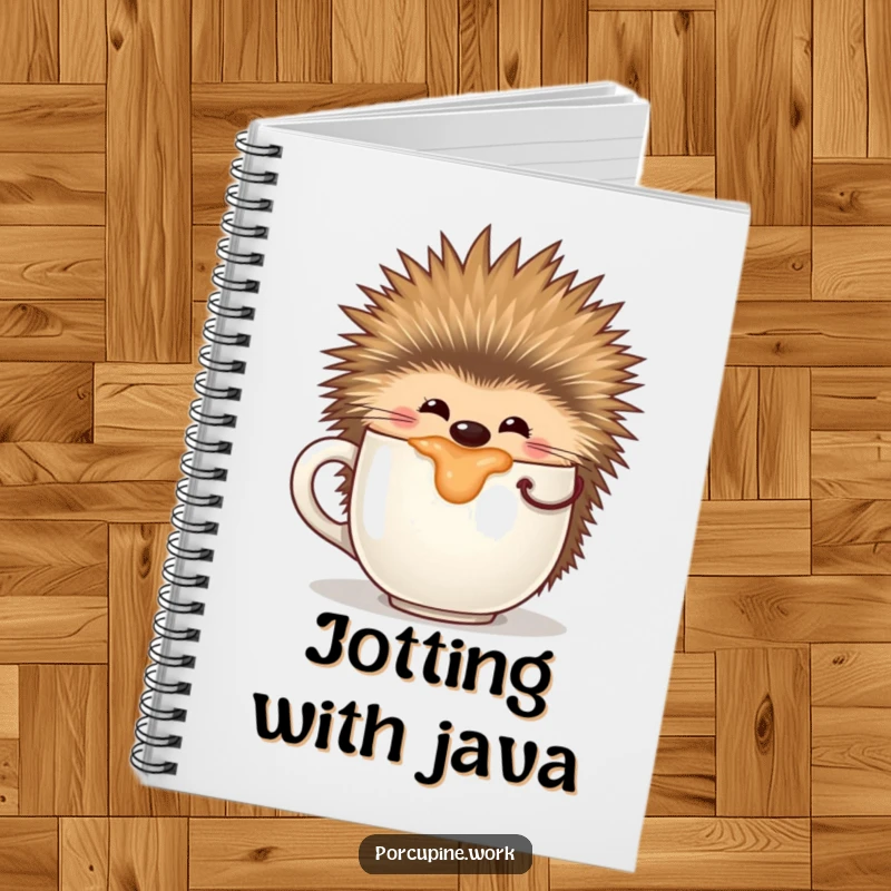 Funny notebook cover with a porcupine happily sipping from a large coffee mug, ready to capture bright ideas.