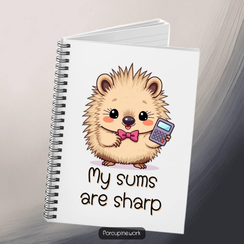 Funny smart porcupine notebook featuring a determined porcupine in a bowtie holding a calculator, ideal for notes.
