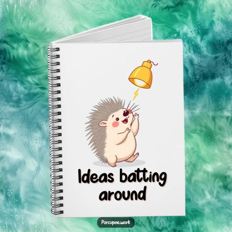Funny porcupine lamp notebook with a porcupine playfully batting at a dangling desk lamp, ideal for jotting down creative ideas and playful thoughts.