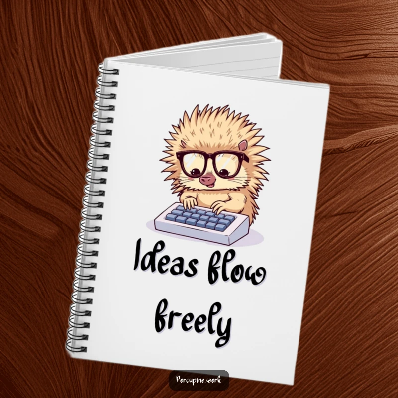 Funny notebook cover with a bespectacled porcupine diligently typing on a small keyboard, ready to capture brilliant ideas.