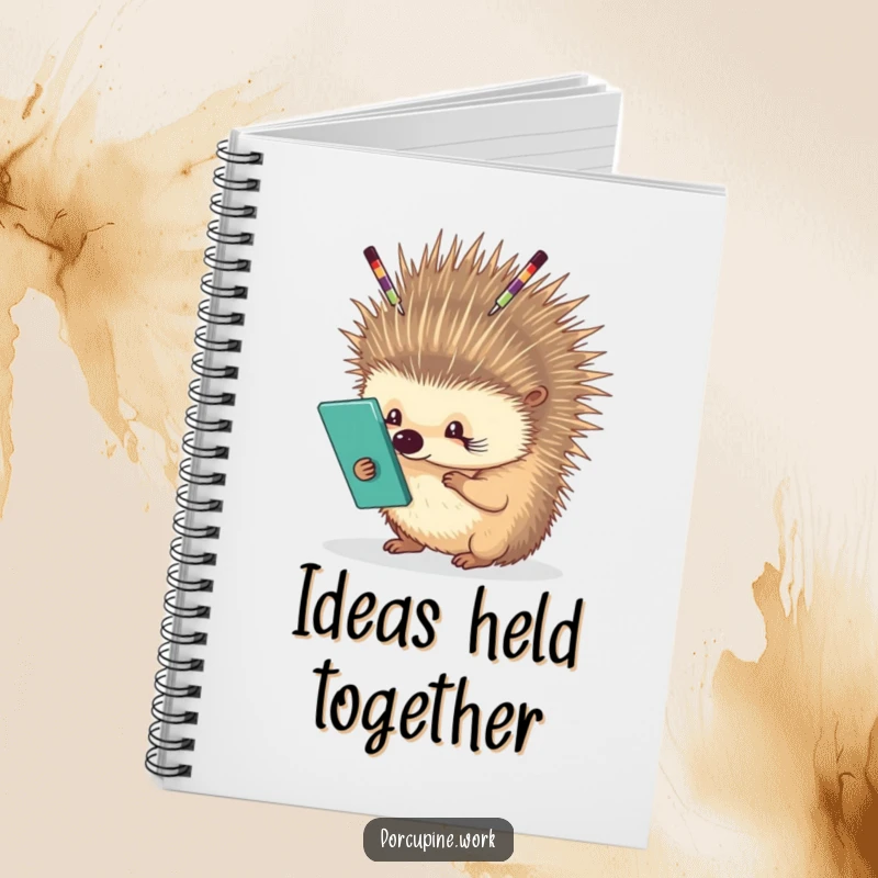 Funny porcupine carefully balancing office supplies on its quills, lined notebook for notes and planning, great funny gift.