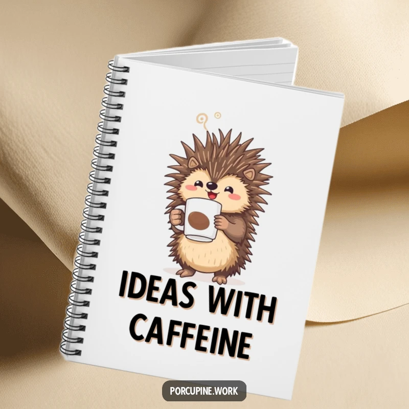 Funny porcupine triumphantly holding a steaming coffee mug, a humorous notebook for planning and ideas.