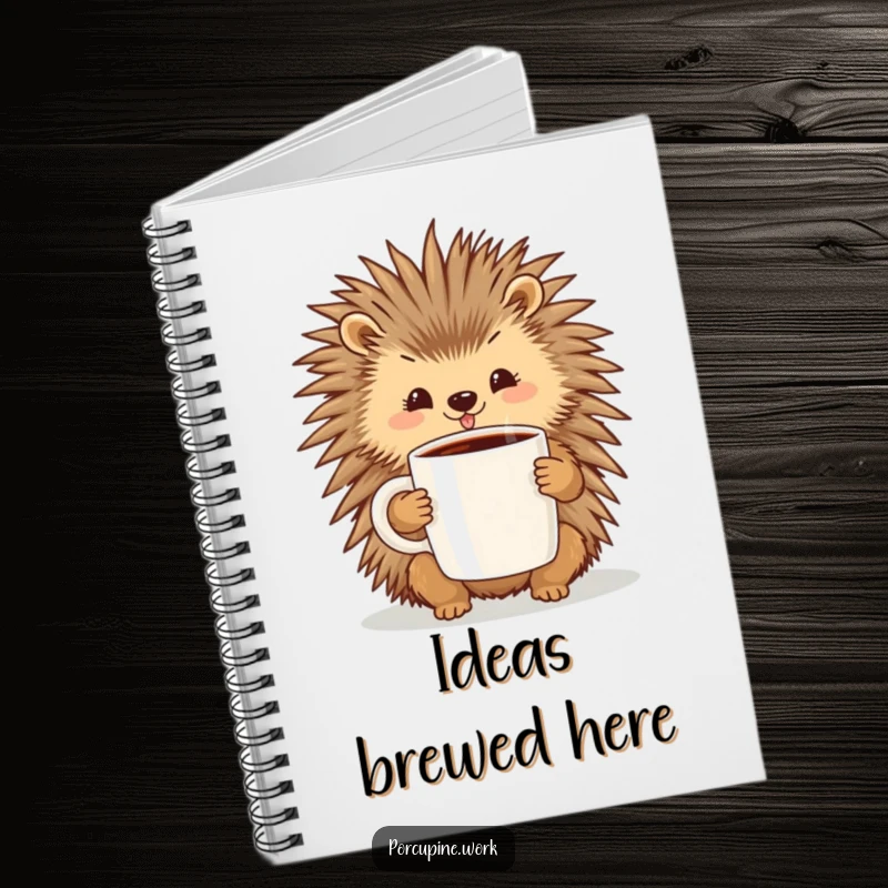Funny notebook cover showing a cheerful porcupine holding a large coffee mug, perfect for jotting down happy thoughts.