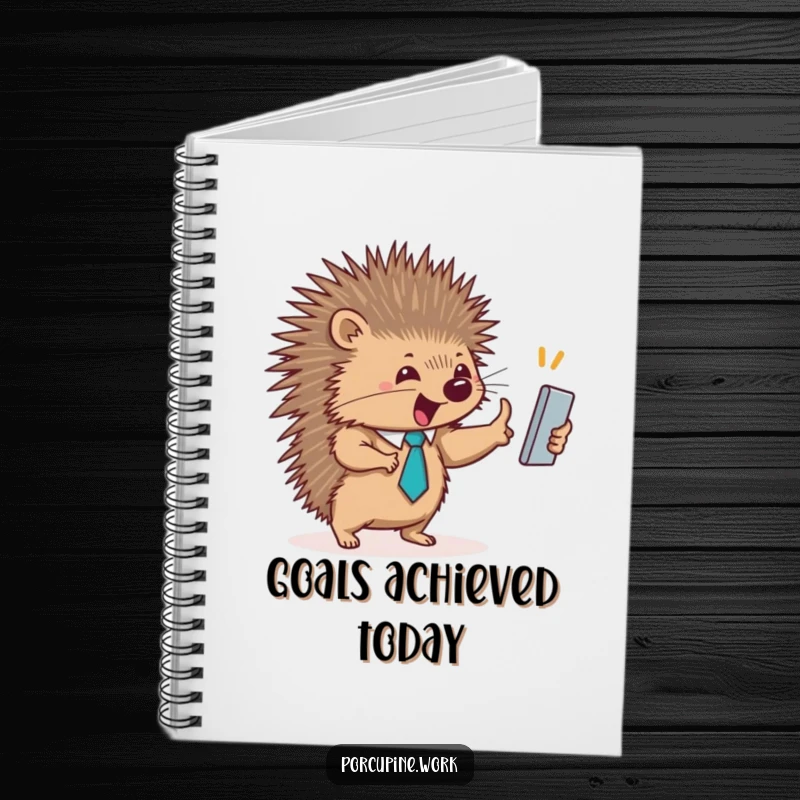 Funny notebook cover showing a porcupine in a tiny tie high-fiving, perfect for jotting down team achievements.