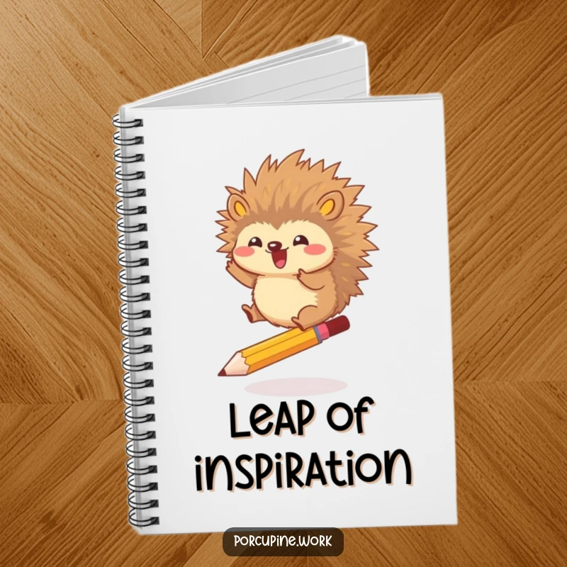 Funny notebook with a porcupine gleefully jumping over a pencil, inspiring action-oriented writing and note-taking with humorous energy.