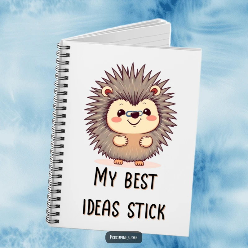Funny notebook with a porcupine grinning while balancing a paperclip on its nose, designed for jotting notes with a humorous, skill-focused theme.