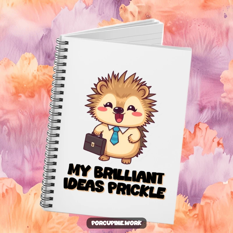 Funny business porcupine notebook illustrating a determined porcupine in a tie holding a briefcase, ready for note-taking.