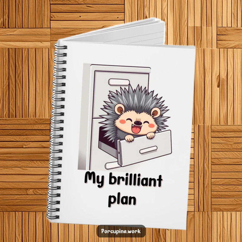 Funny notebook featuring a porcupine sliding down a filing cabinet, ideal for organizing thoughts and sparking creativity.