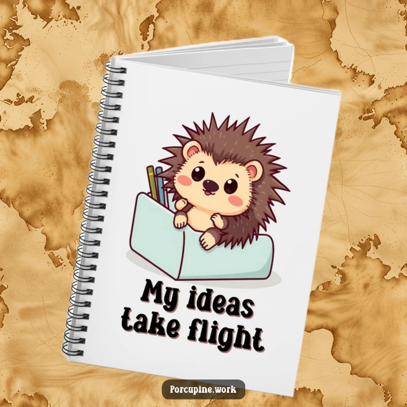Funny notebook with a surprised porcupine sliding down a desk organizer, perfect for jotting notes with a dose of office comedy.