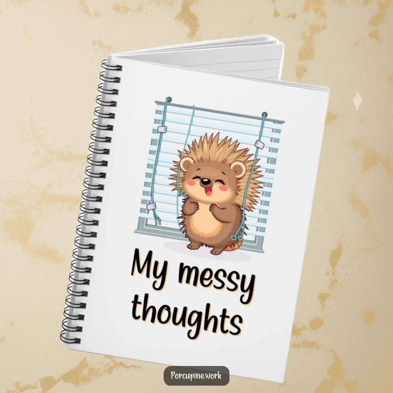 Funny porcupine comically tangled in office blinds, a humorous notebook for organizing thoughts.