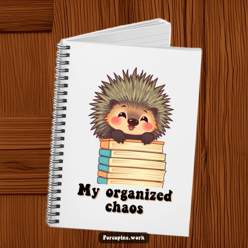 Funny porcupine peeking over a towering stack of files with amusement, a cute and inspiring notebook for work or study.