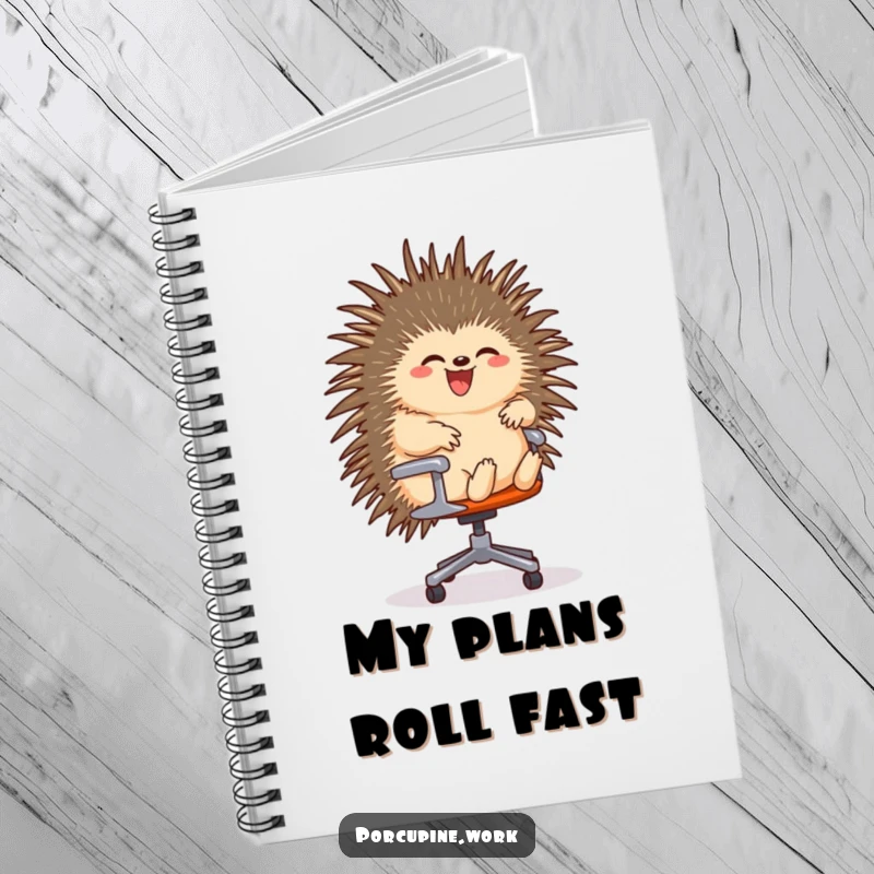 Funny notebook with a porcupine gleefully riding a rolling office chair, designed for jotting notes with a humorous, high-speed theme.