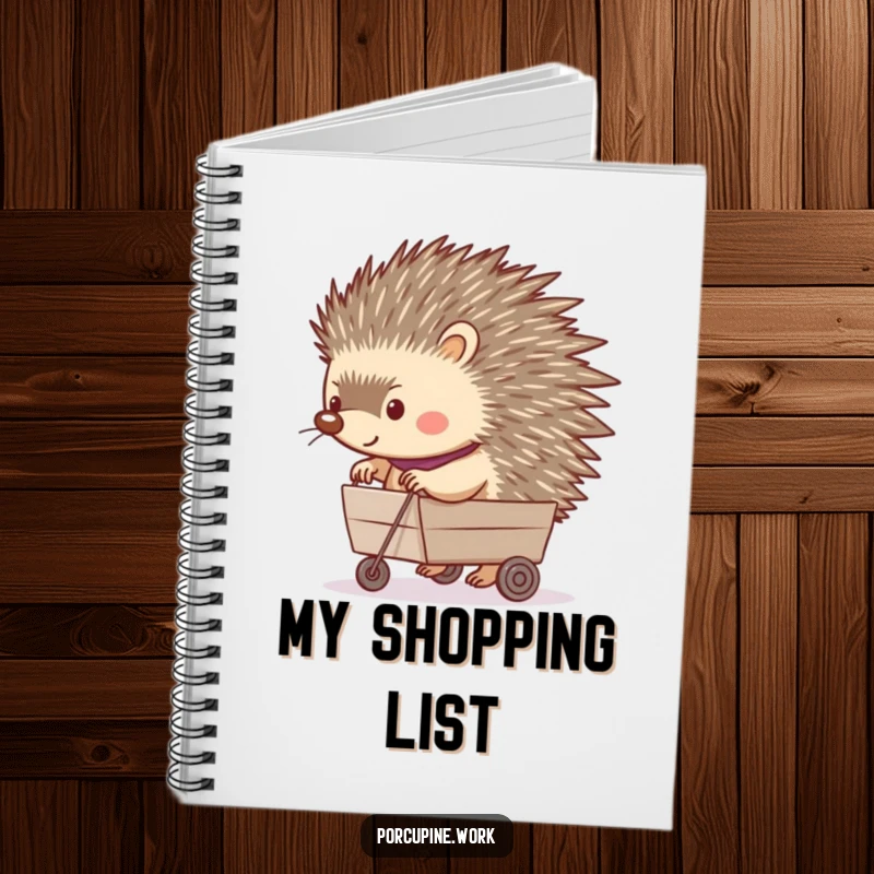 Funny notebook cover with a porcupine happily pushing a tiny rolling cart, ideal for cheerful and humorous note-taking.