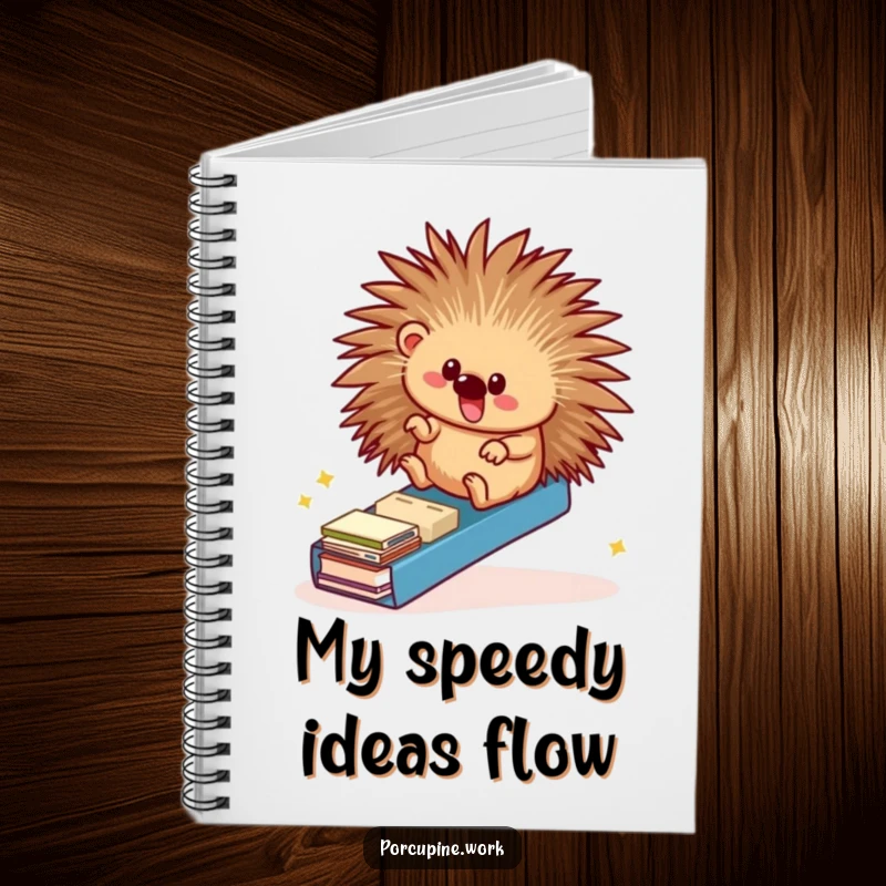 Funny notebook with a porcupine gleefully sliding down a file folder ramp, designed for jotting notes with a humorous office theme.