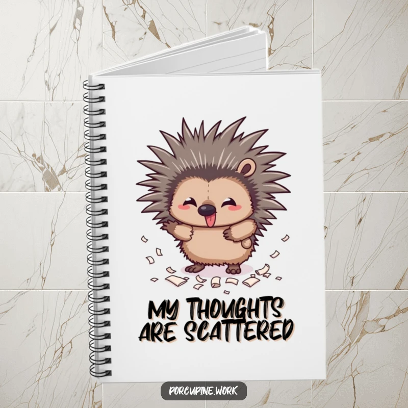 Funny mischief porcupine notebook featuring a mischievous porcupine with quills out scattering paper scraps, ideal for notes.