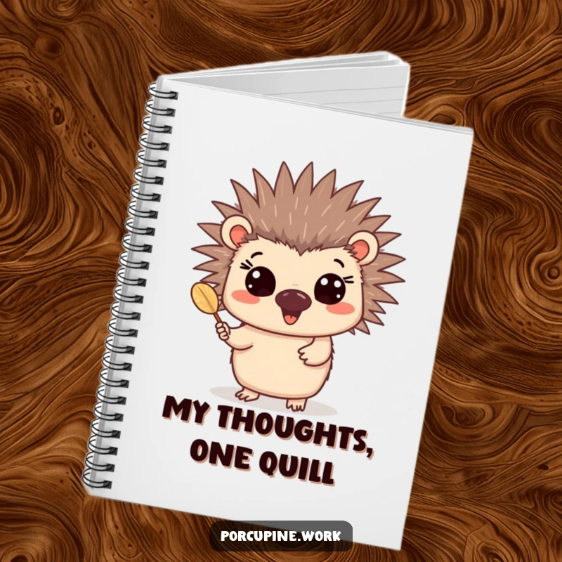 Funny happy porcupine notebook featuring an enthusiastic porcupine with wide eyes presenting a quill, ideal for writing.