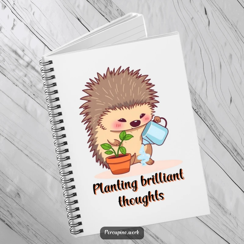 Funny notebook with a porcupine enthusiastically watering a small desk plant, designed for jotting notes with a humorous, green-thumbed theme.