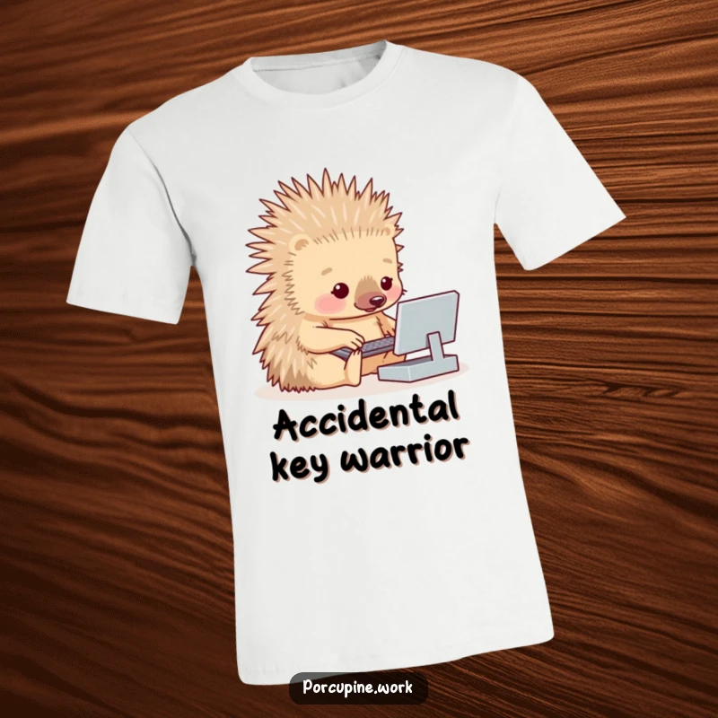 Funny porcupine attempting to type on a small keyboard, its quills making the task difficult, on a humorous t-shirt.