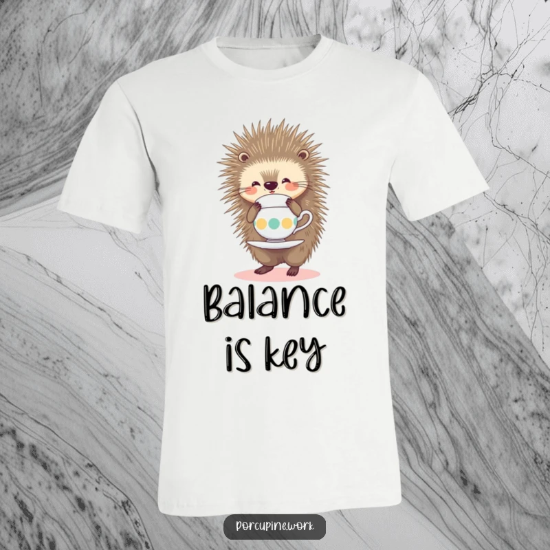 Funny T-Shirt showing a smiling porcupine expertly balancing a teacup on its quills, portraying a humorous and delicate act.