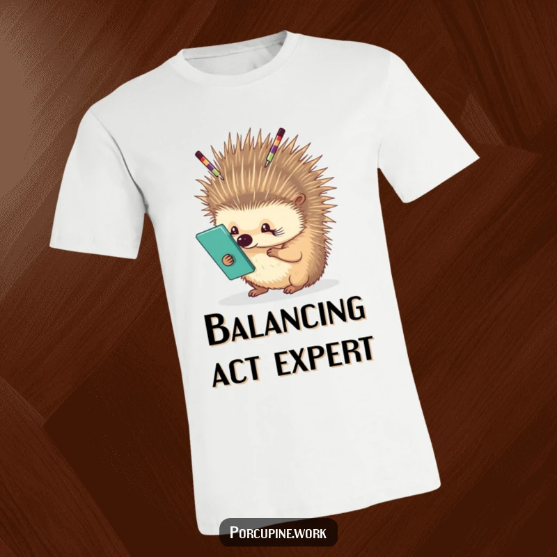 Funny porcupine carefully balancing office supplies on its quills, looking skilled and determined, great tee for multitaskers.