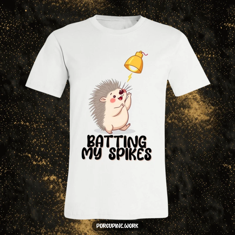 Funny porcupine t-shirt depicting a porcupine playfully swatting at a dangling desk lamp, embodying curiosity and a touch of playful defiance.