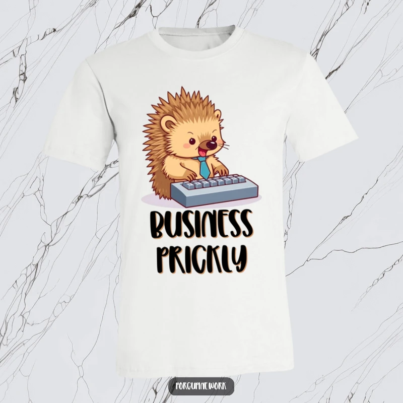Funny t-shirt featuring a porcupine dressed in a tiny tie, enthusiastically typing away at a computer keyboard.