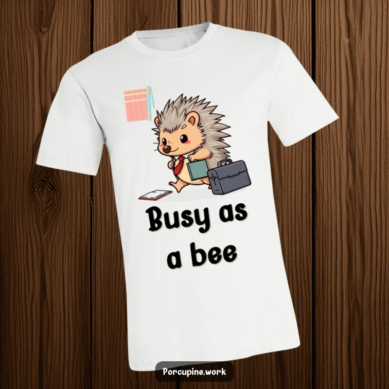 Funny porcupine carrying a briefcase happily scurries across a desk, depicting professional urgency on this fun t-shirt.