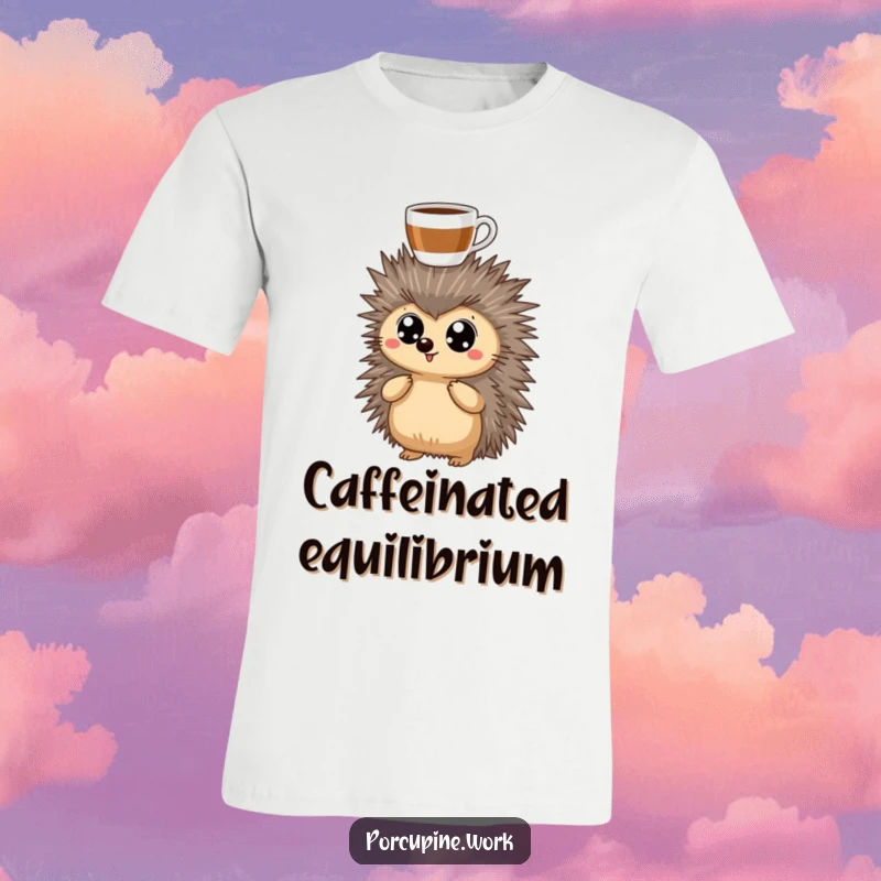 Funny T-Shirt featuring a porcupine with wide, focused eyes, expertly balancing a full coffee cup on its head, ready for anything.