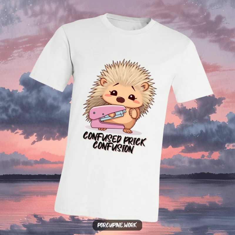 Funny porcupine looking confused at a stapler it holds; this t-shirt is a humorous office statement.