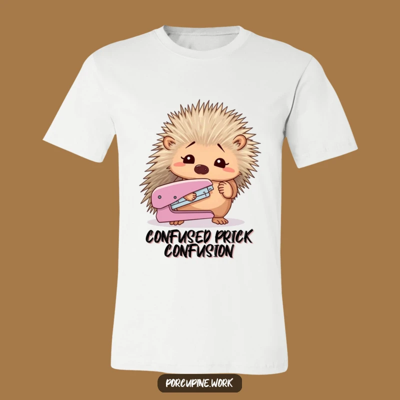 Funny Confused Porcupine Stapler T-Shirt: Wear Your Office Bewilderment Hilariously