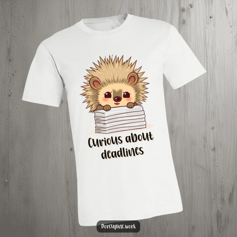 Funny t-shirt depicting a porcupine with a curious tilt peeking over a stack of office paperwork, highlighting inquisitiveness and humor.